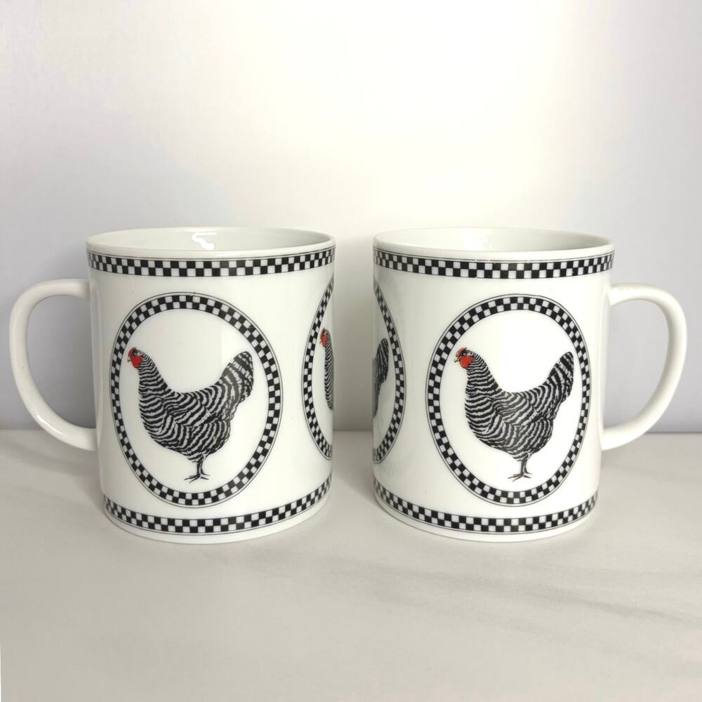 2 Vintage French Hens Mugs by Department 56 Black White Checkerboard Chicken
